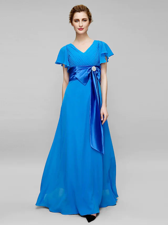 Wholesale Mother of the Bride Dress Elegant V Neck Floor Length Chiffon Short Sleeve with Criss Cross Crystals